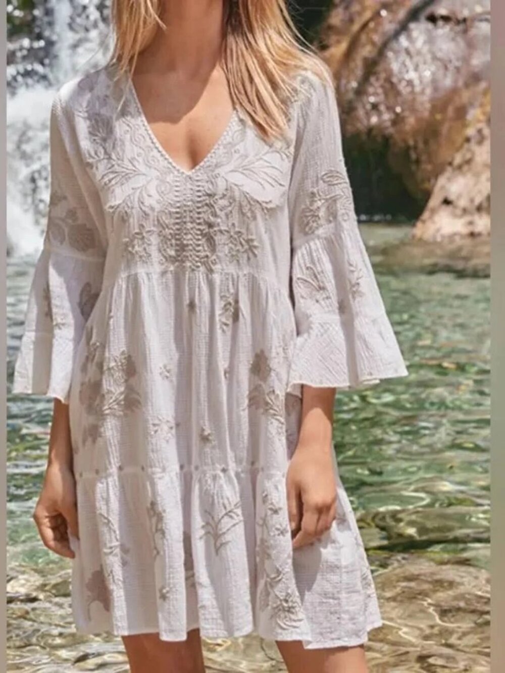 Johnny Was White Malo Easy Tiered Cotton Dress